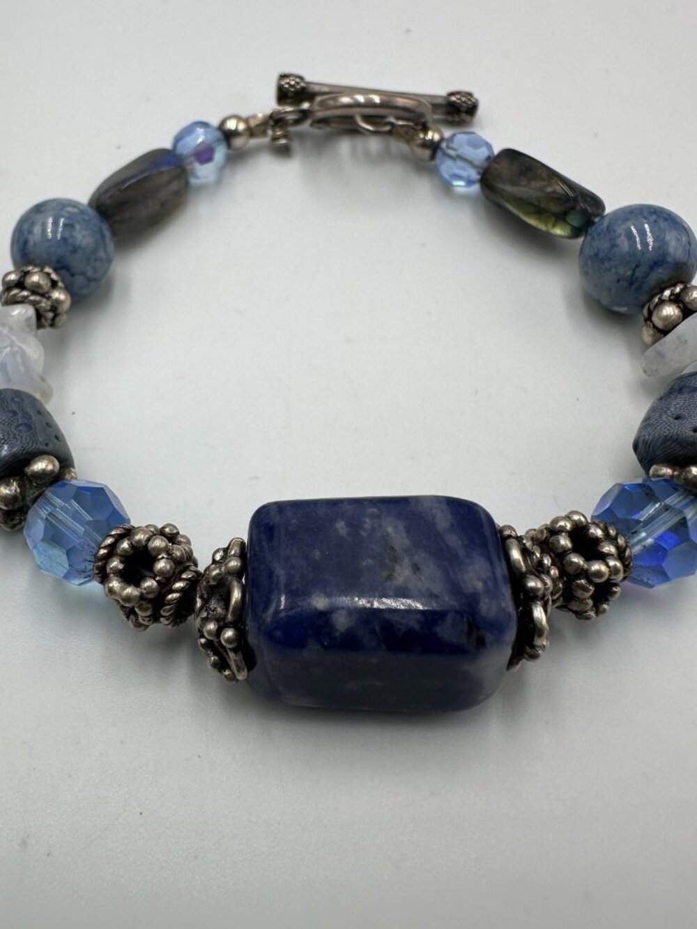 Artisan Beaded Bracelet Blue Glass Stone Beads Sterling Silver Toggle 6.75"